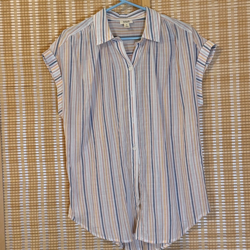a.n.a Womens Striped Short Sleeve Button Down Shirt Blue Orange White‎ Small